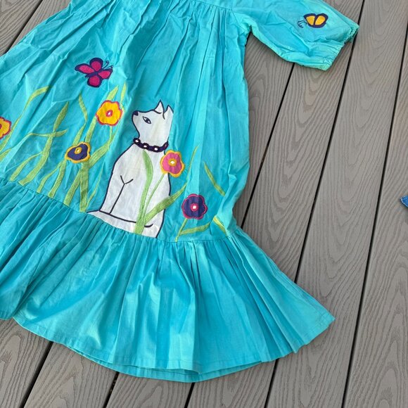 Vintage 70s Ramona Rull Dress, Cat Graphic Flowers MuMu One Size Blue - Picture 5 of 10